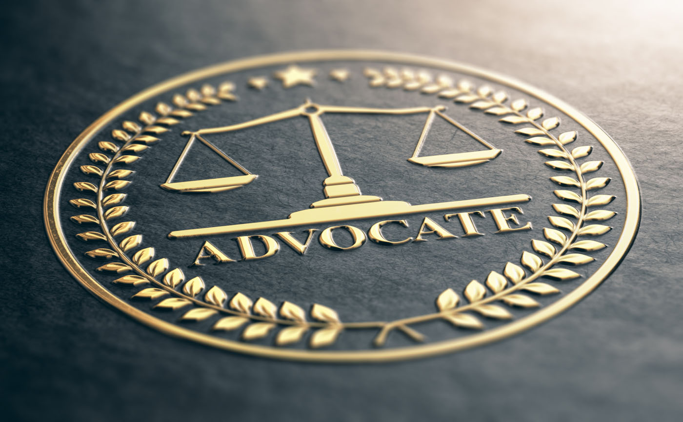 An emblem the justice scales with the word advocate written on it. Call Branson West Law for a drug dristribution lawyer in Utah.